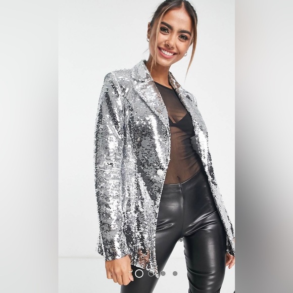 ASOS Miss Selfridge sequin blazer in silver - Picture 1 of 5